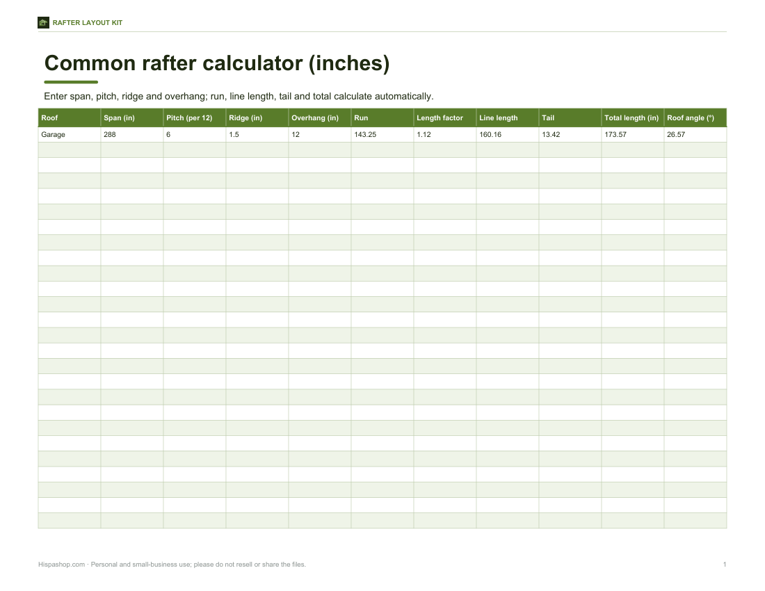 Preview of the first page of Rafter calculator (XLSX)
